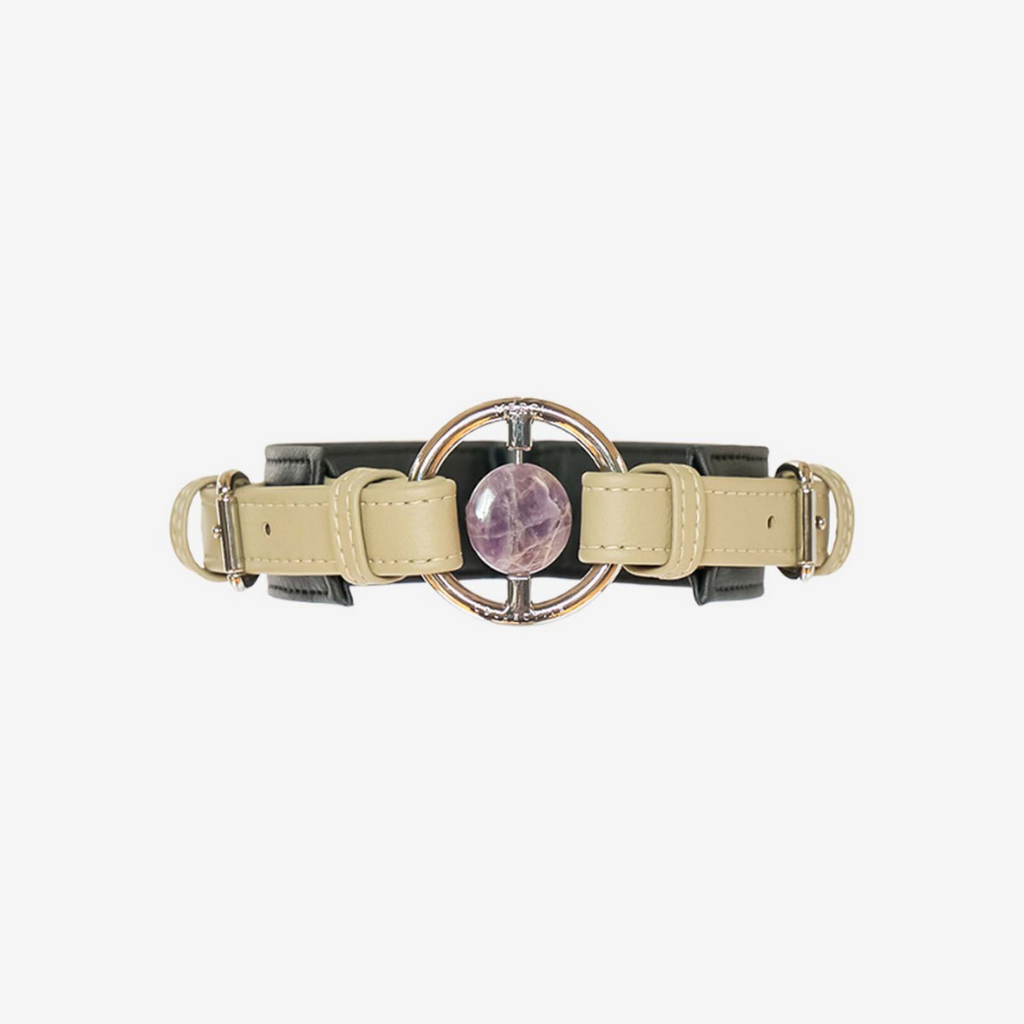 dog collar black and beige vegan cactus leather embedded with healing crystal chevron amethyst