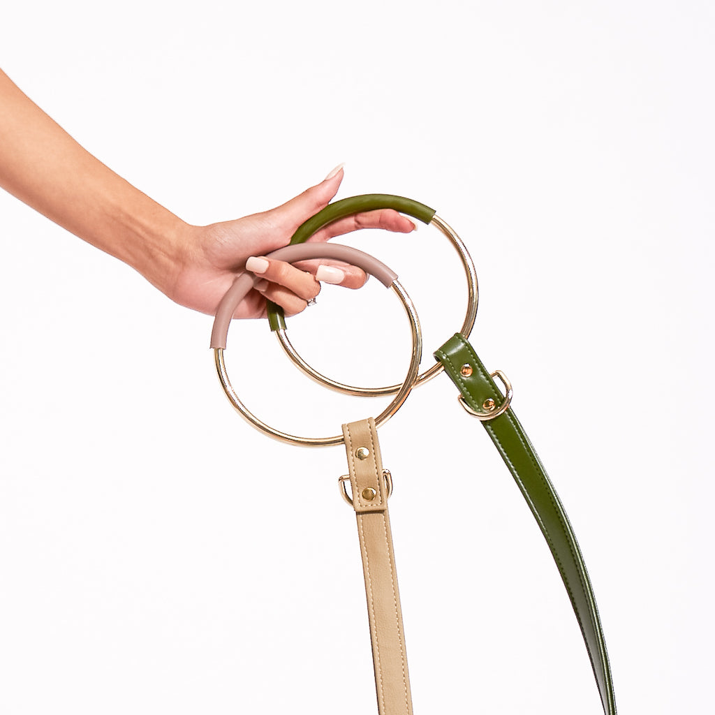 Hoop leash for dog green and beige vegan cactus leather held in hand