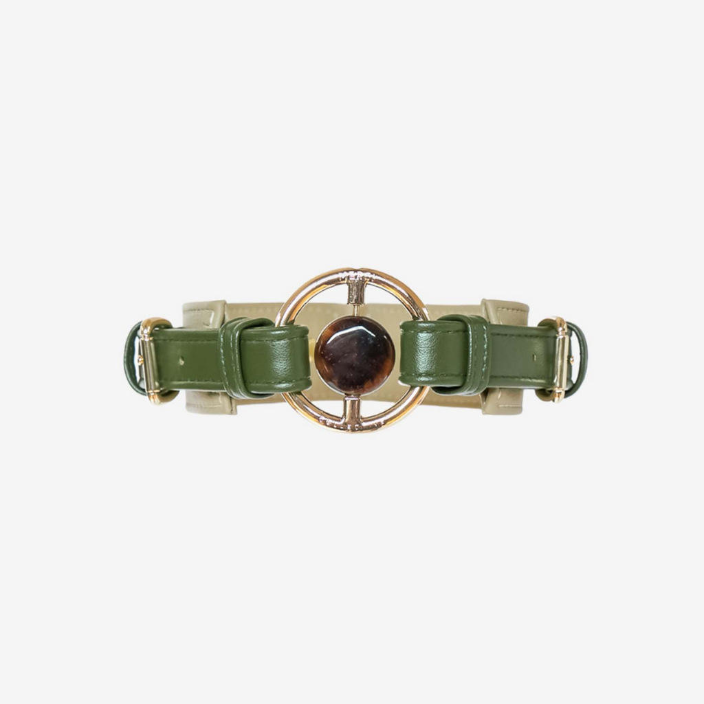 dog collar green and beige vegan cactus leather embedded with healing crystal black obsidian