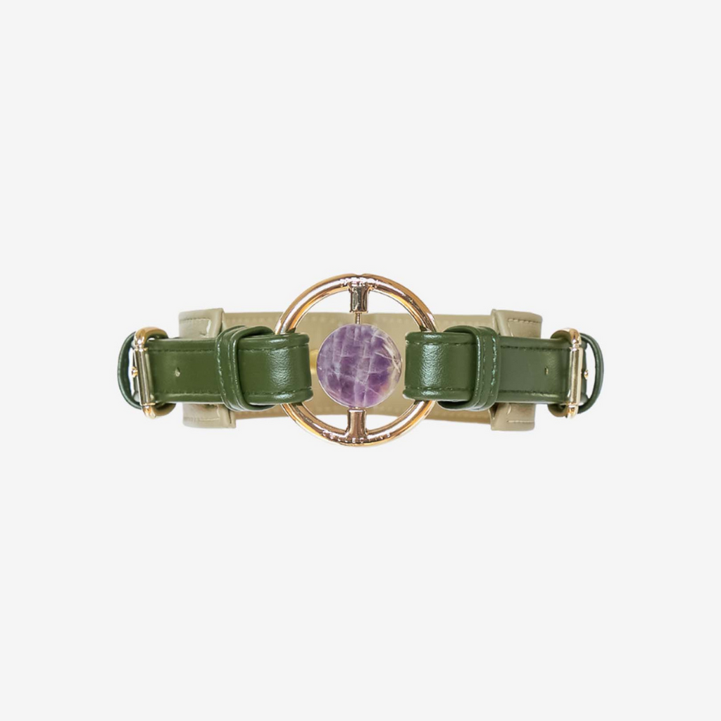 dog collar green and beige vegan cactus leather embedded with healing crystal Chevron amethyst