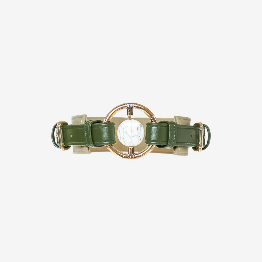 dog collar green and beige vegan cactus leather embedded with healing crystal howlite