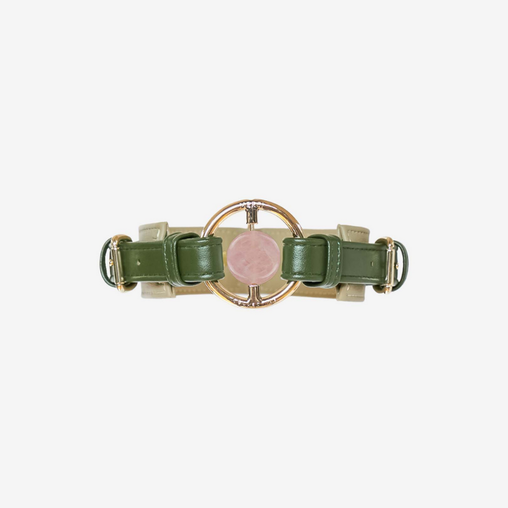 dog collar green and beige vegan cactus leather embedded with healing crystal rose quartz