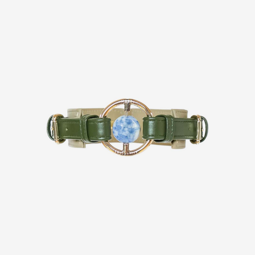 dog collar green and beige vegan cactus leather embedded with healing crystal sodalite
